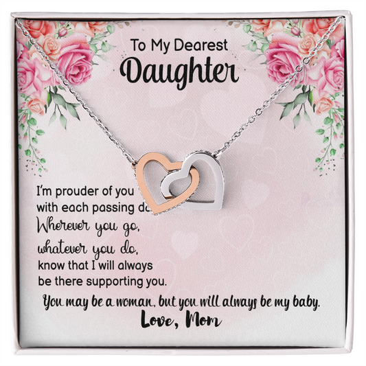 A meaningful two hearts necklace made for a daughter who means the world. This piece serves as a daily reminder of love, encouragement, and the special place she holds in your heart.